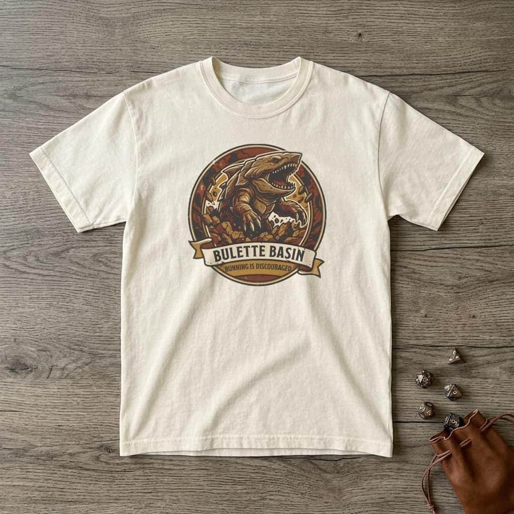 Photo 1 of 15: Vintage national park souvenir graphic tee featuring tabletop gaming's armored landshark burrower, paired with deadpan trail advice warning adventurers that running only draws its tremorsense, shown laid flat among dice