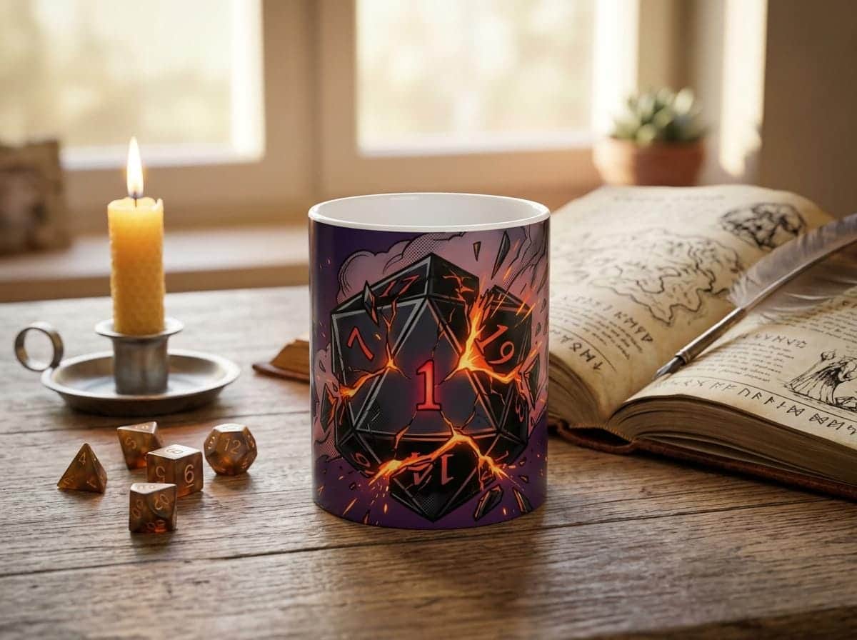 Photo 3 of 4: Relatable gamer coffee mug showcasing a catastrophic Natural 1 d20 roll, shown on a desk beside an open rulebook