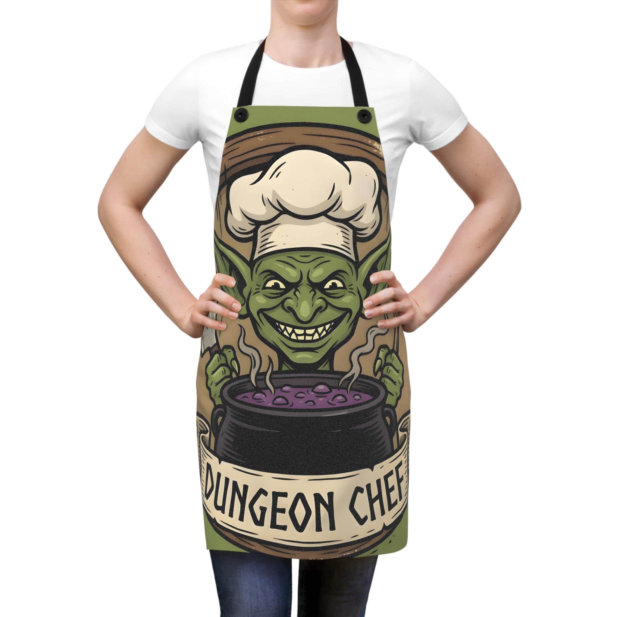 Photo 4 of 6: Humorous tabletop gaming apron for game-night snack hosts and DMs, pairing chaotic goblin tavern art with the high-demand, in a room setting