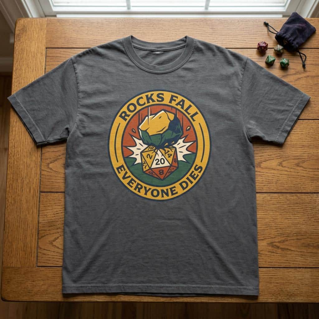 Photo 3 of 10: A deadpan tabletop in-joke graphic tee featuring a vintage national-park style emblem where a giant plummeting boulder crushes a d20 die, shown laid flat among dice
