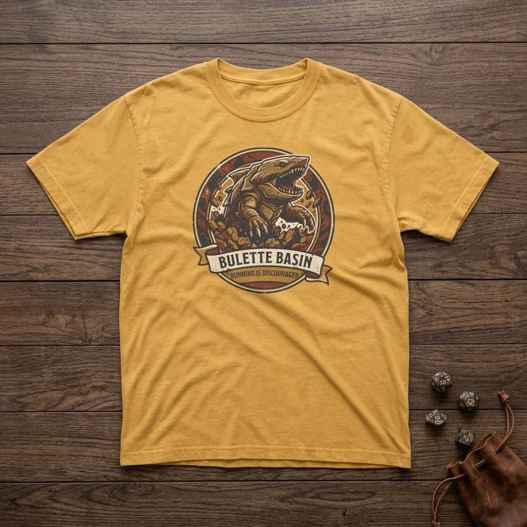 Photo 2 of 15: Vintage national park souvenir graphic tee featuring tabletop gaming's armored landshark burrower, paired with deadpan trail advice warning adventurers that running only draws its tremorsense, shown laid flat among dice