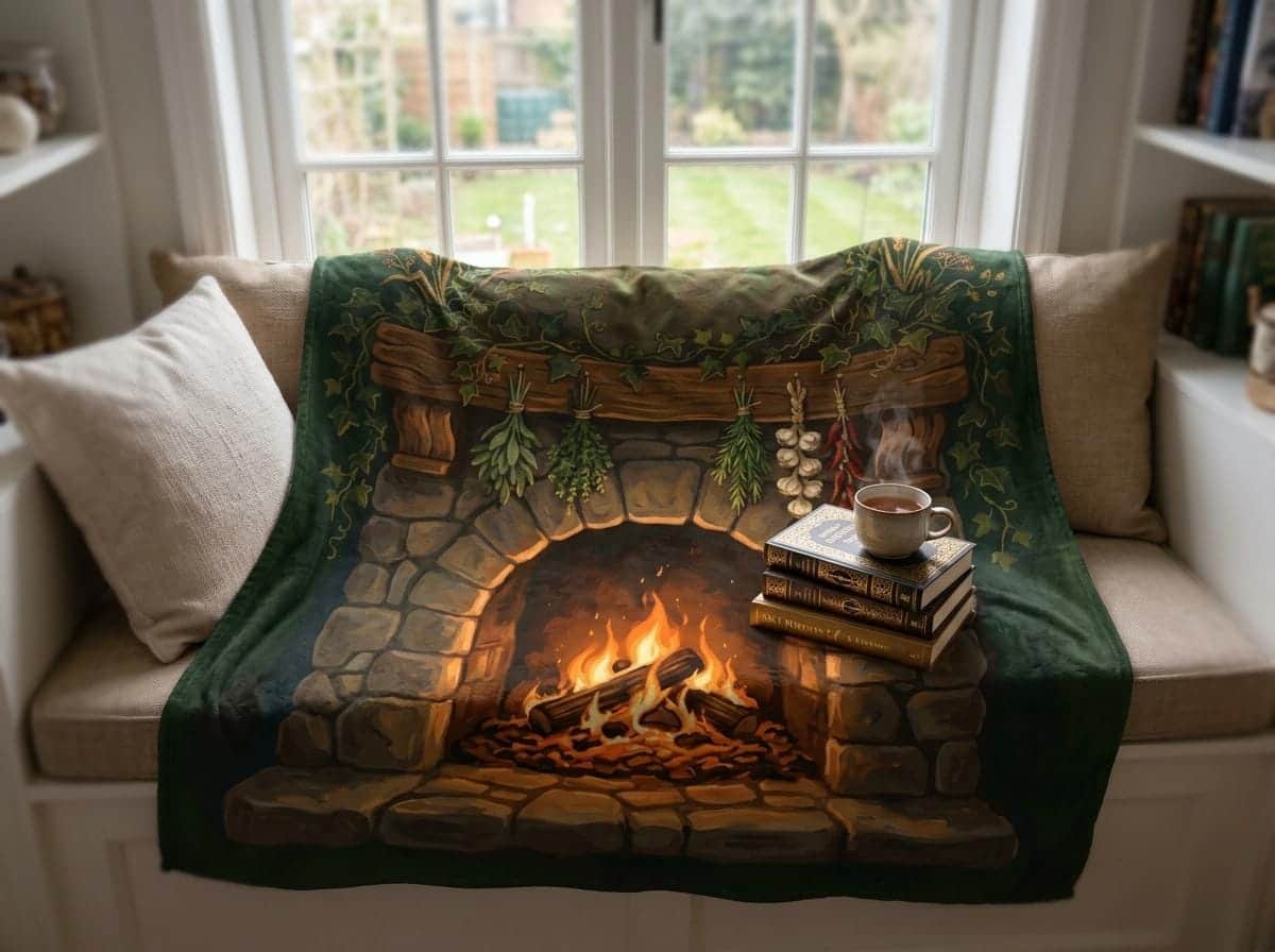 Photo 3 of 6: An ultra-soft fleece throw blanket illustrated as a warm halfling tavern hearth, shown in a reading nook
