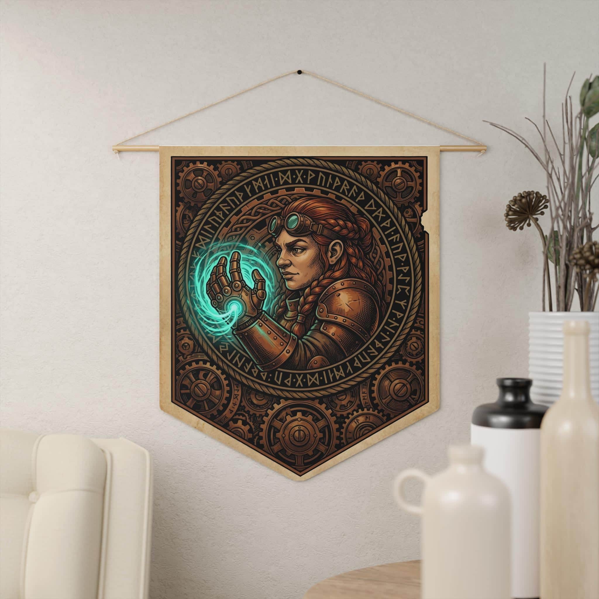 Photo 8 of 10: Vintage heraldic dwarf artificer pennant flag designed to elevate RPG campaign corners and gaming battle stations with authentic magical engineering heraldry, in a room setting