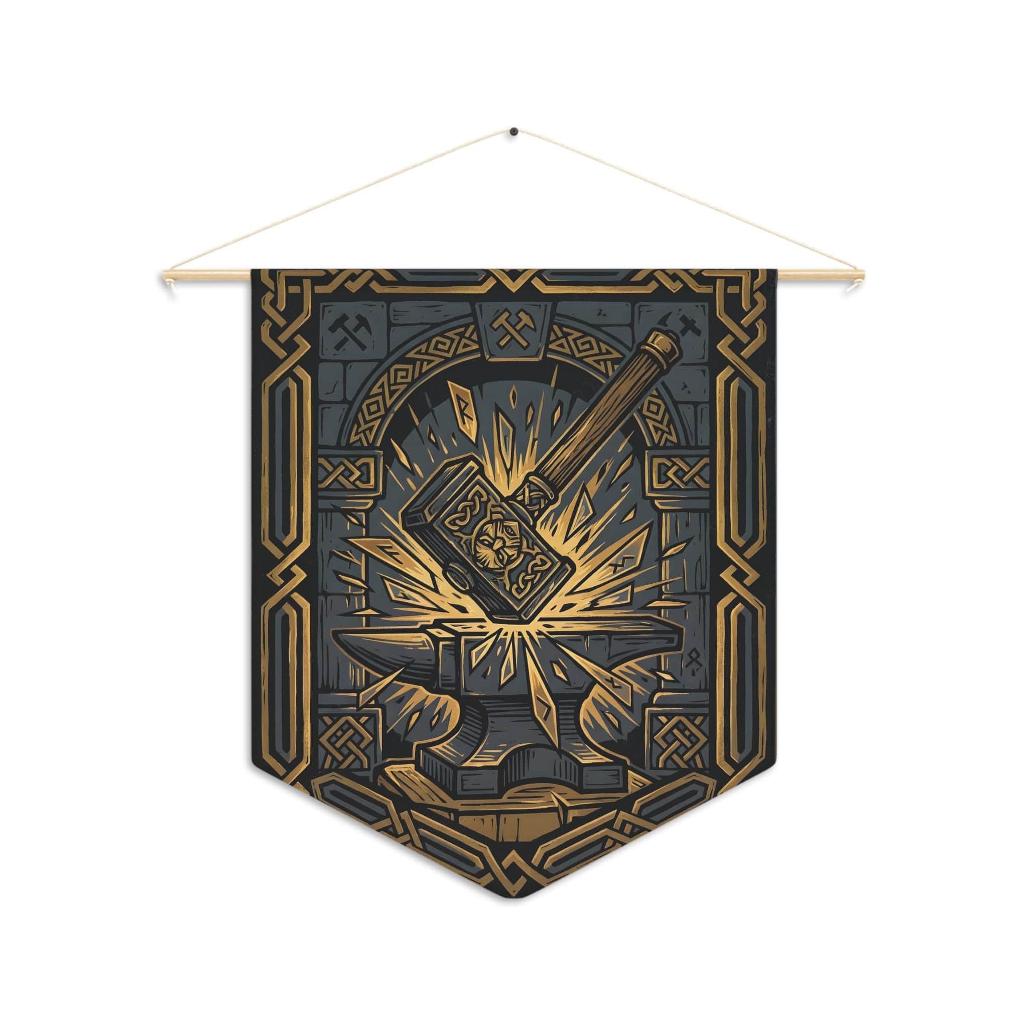 Photo 6 of 6: Heraldic felt wall hanging featuring an ancient dwarven clan forge emblem, printed on a pennant, front view