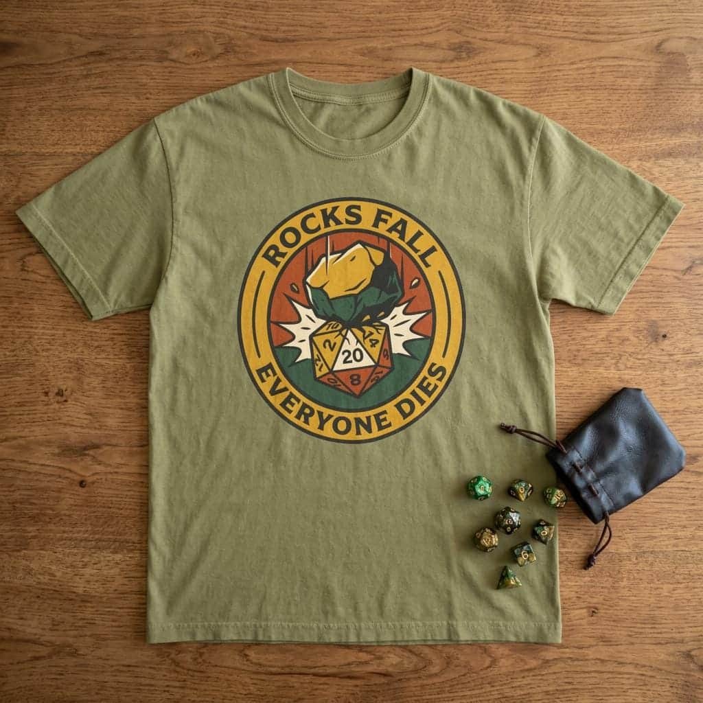 Photo 2 of 10: A deadpan tabletop in-joke graphic tee featuring a vintage national-park style emblem where a giant plummeting boulder crushes a d20 die, shown laid flat among dice