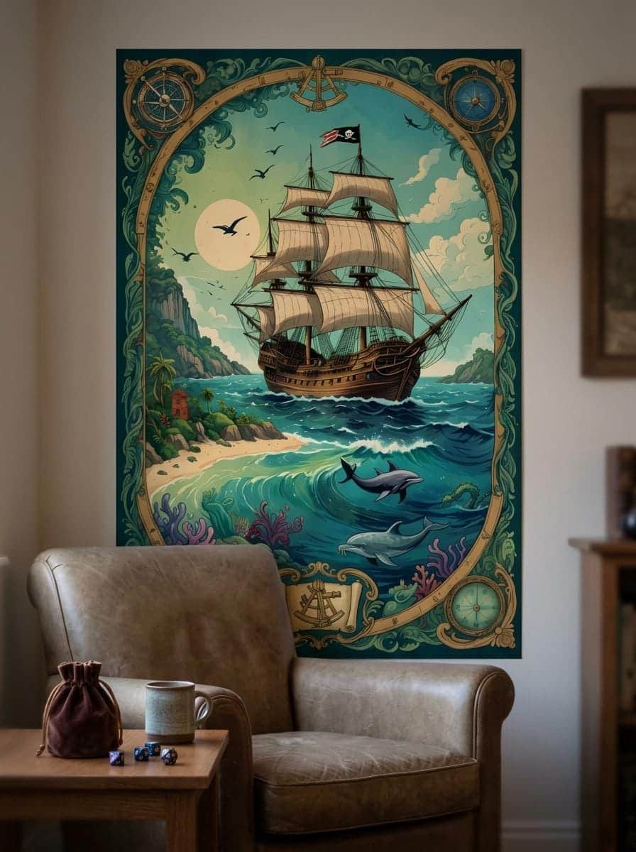 Photo 3 of 6: Vibrant pirate-themed artwork on a matte vertical poster, shown in a cosy den corner