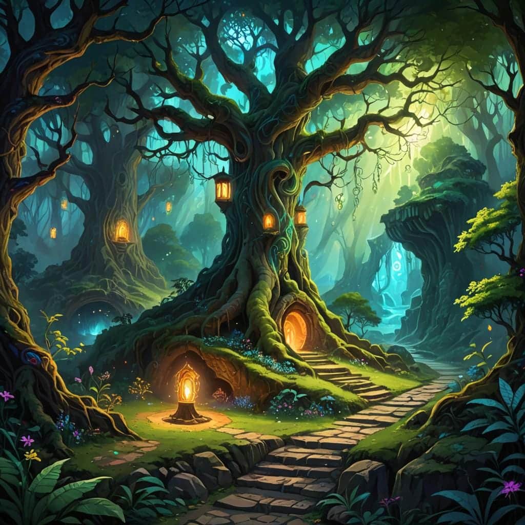 Photo 6 of 6: A captivating magical forest scene with a glowing tree and lanterns, printed on a coaster, the complete printed design shown flat, the artwork