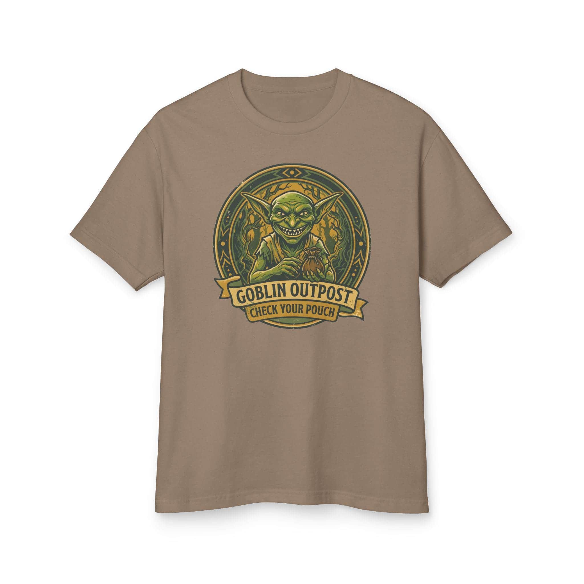 Photo 11 of 14: Deadpan national park style graphic tee warning tabletop adventurers to guard their coin pouches from grinning goblin scavengers, front view
