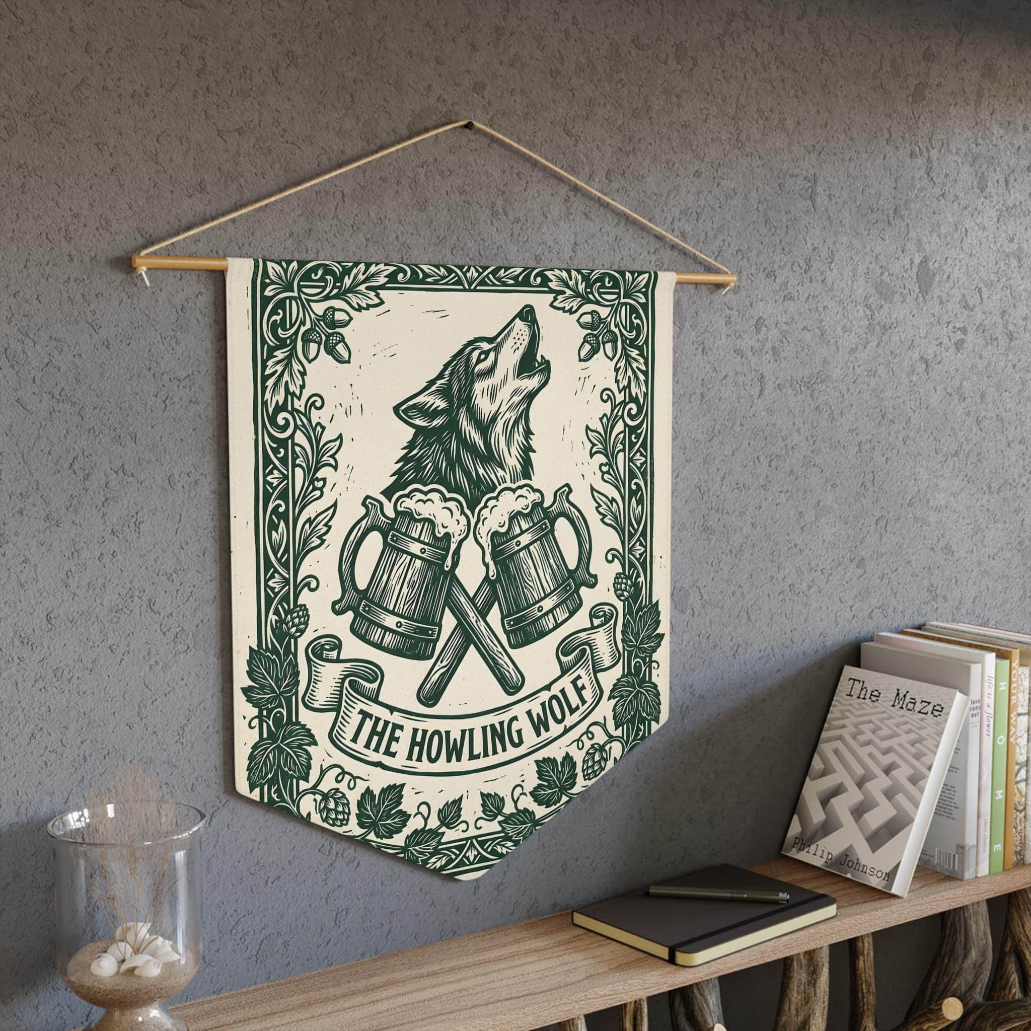 Photo 4 of 5: Vintage woodcut tavern hanging pennant that transforms a modern game room, tabletop corner, or bedroom into an authentic fantasy alehouse for D&D session nights, in a room setting