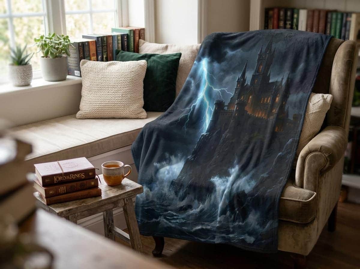 Photo 3 of 6: A rugged clifftop fortress defying ocean squalls and lightning, printed edge-to-edge on a plush sherpa throw blanket designed to keep players cozy during marathon tabletop campaign nights, shown in a reading nook
