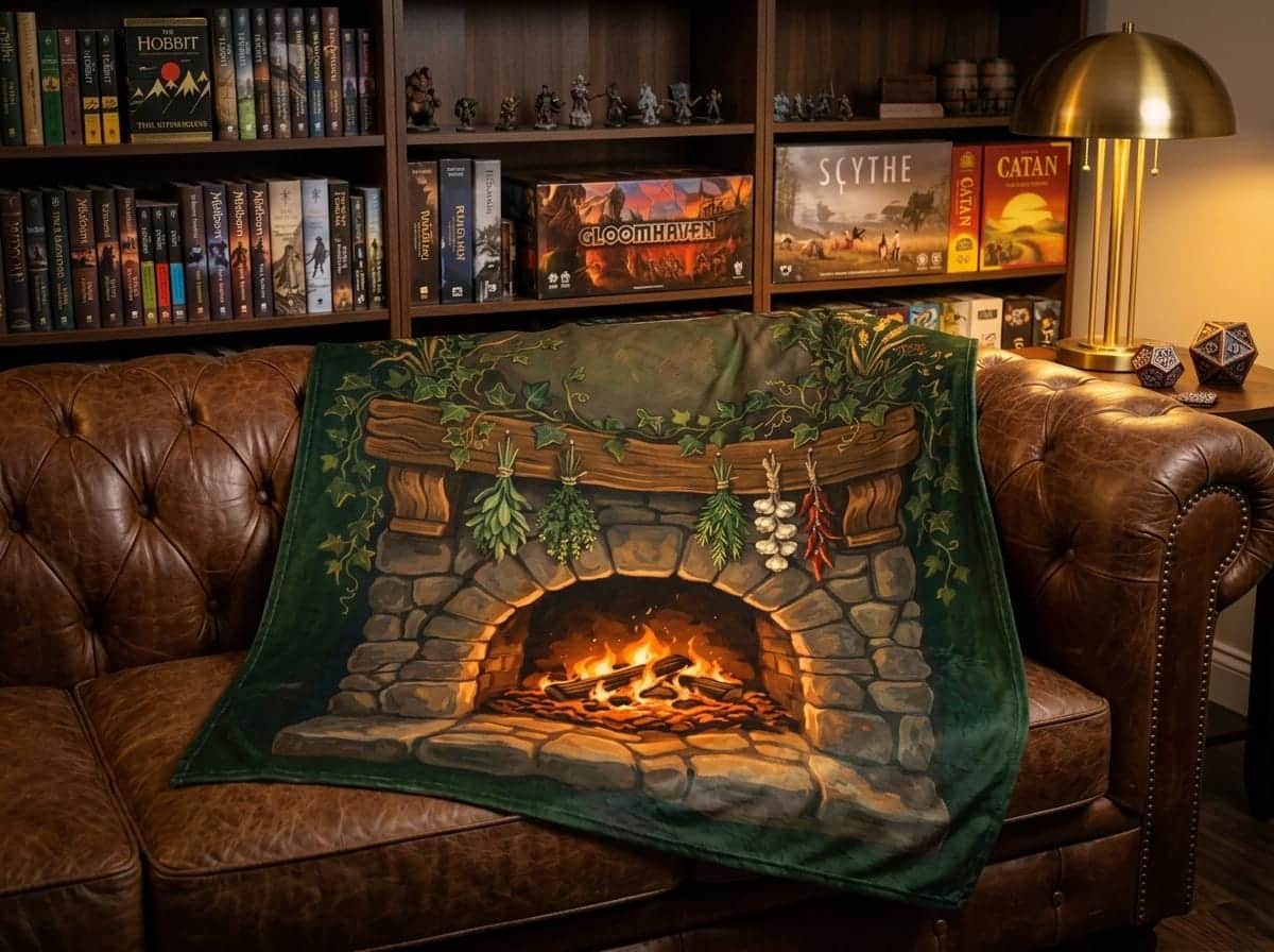 Photo 2 of 6: An ultra-soft fleece throw blanket illustrated as a warm halfling tavern hearth, shown on a game room couch