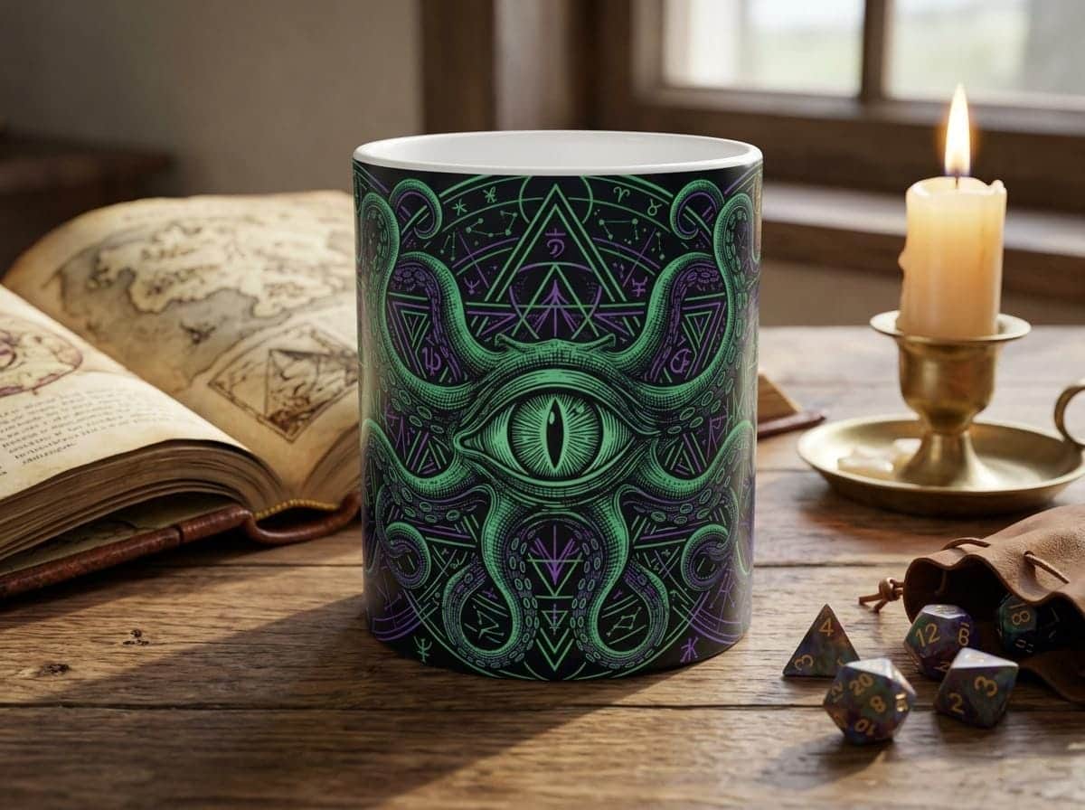 Photo 8 of 12: An atmospheric ceramic gaming mug emblazoned with an eldritch Great Old One patron crest, targeted at warlock players and dungeon masters fueling late-night campaign sessions, shown on a desk beside an open rulebook