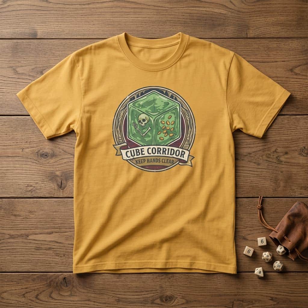 Photo 7 of 13: Vintage national park warning graphic tee featuring tabletop gaming's iconic translucent dungeon ooze alongside a deadpan caution sign for adventurers who touch strange corridor walls, shown laid flat among dice