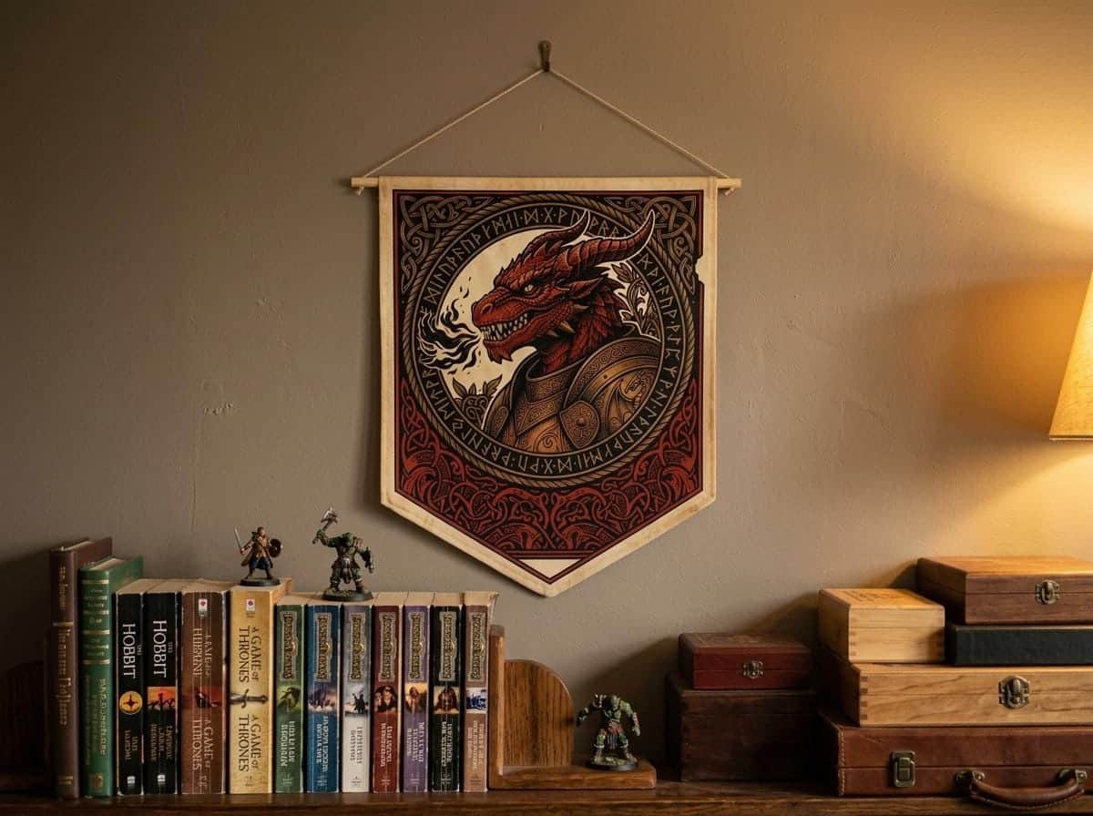 Photo 7 of 11: Vintage heraldic dragonborn warrior pennant flag designed to elevate RPG campaign corners and gaming battle stations with authentic medieval heraldry, shown on the wall above a bookshelf