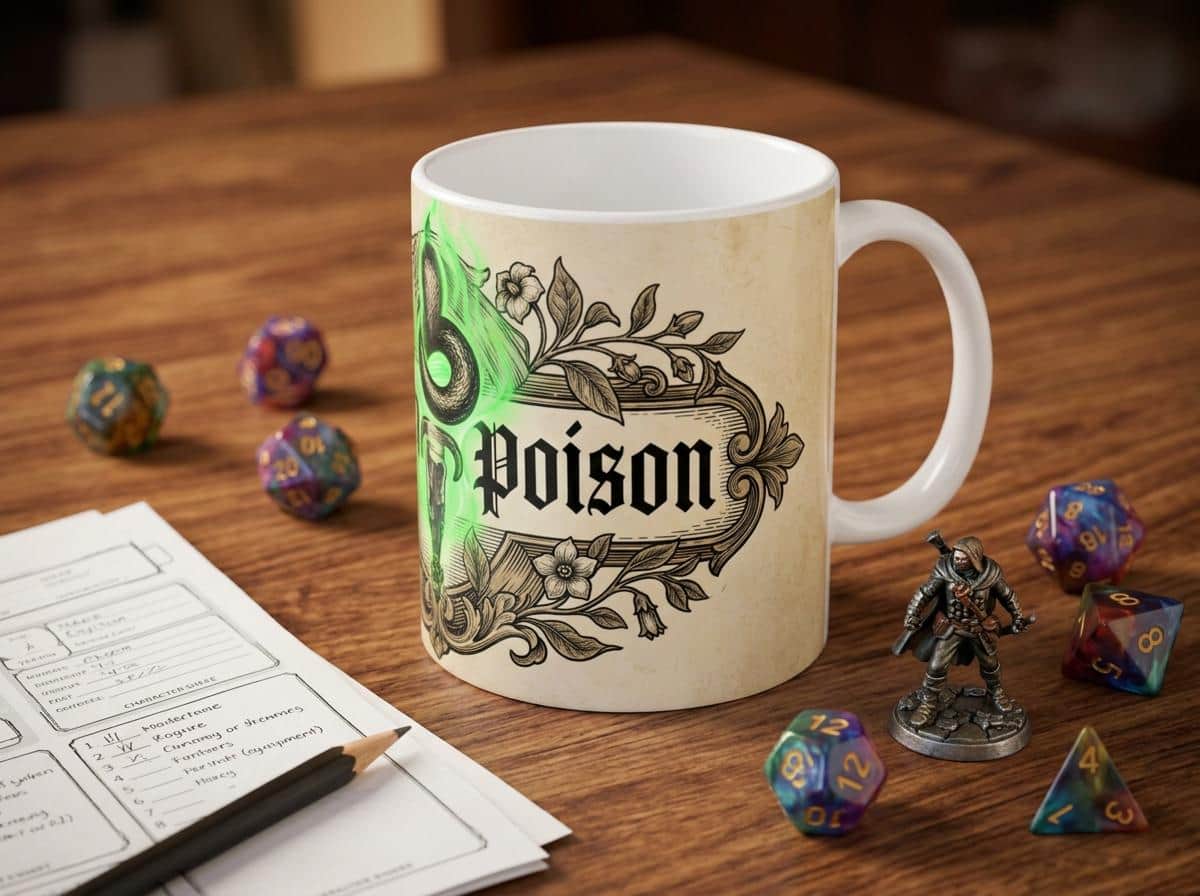 Photo 2 of 8: A vintage fantasy apothecary label wrapping the mug to disguise morning coffee as a lethal tabletop elixir, shown on the game table among dice and character sheets