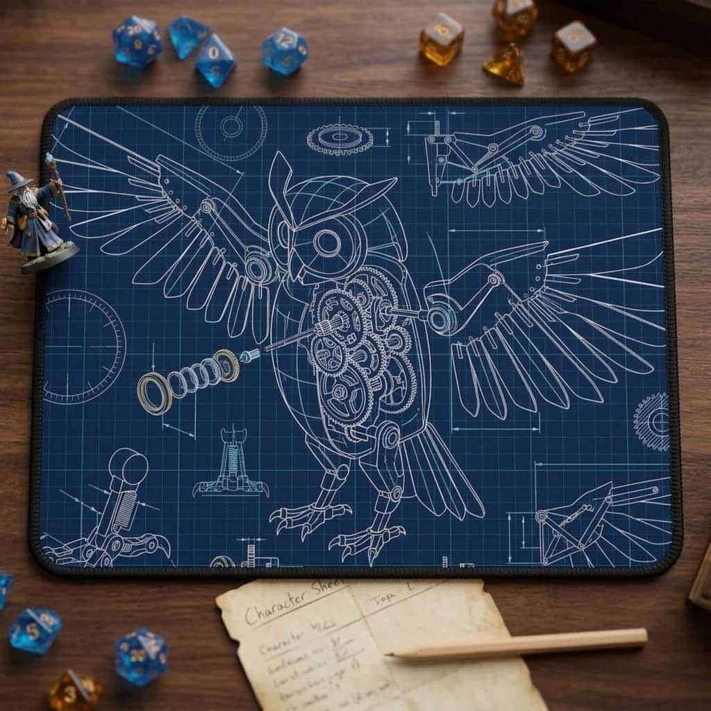 Photo 2 of 5: Transforms any gaming desk into an arcane engineer's workbench with an authentic technical blueprint of a clockwork mechanical familiar, printed on a mouse pad, shown on the game table among dice and character sheets