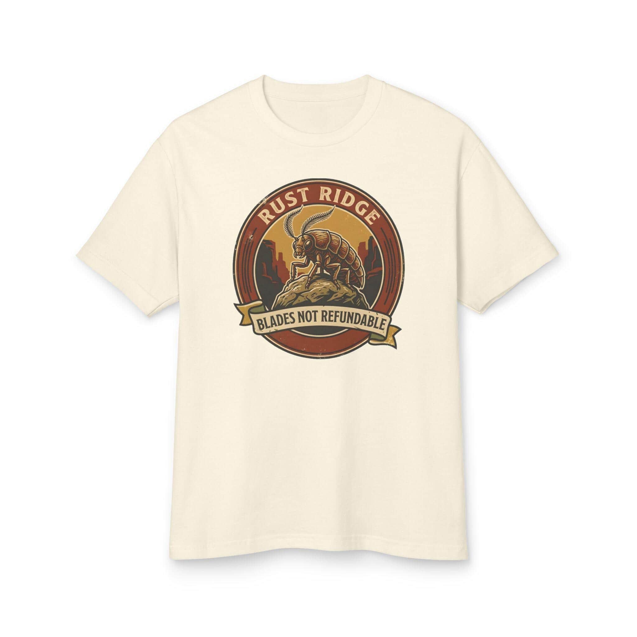 Photo 7 of 12: Vintage national park souvenir graphic tee featuring tabletop gaming's notorious metal-eating armored insectoid paired with a deadpan park ranger weapon warning for dungeon crawlers and roleplaying gamers, front view