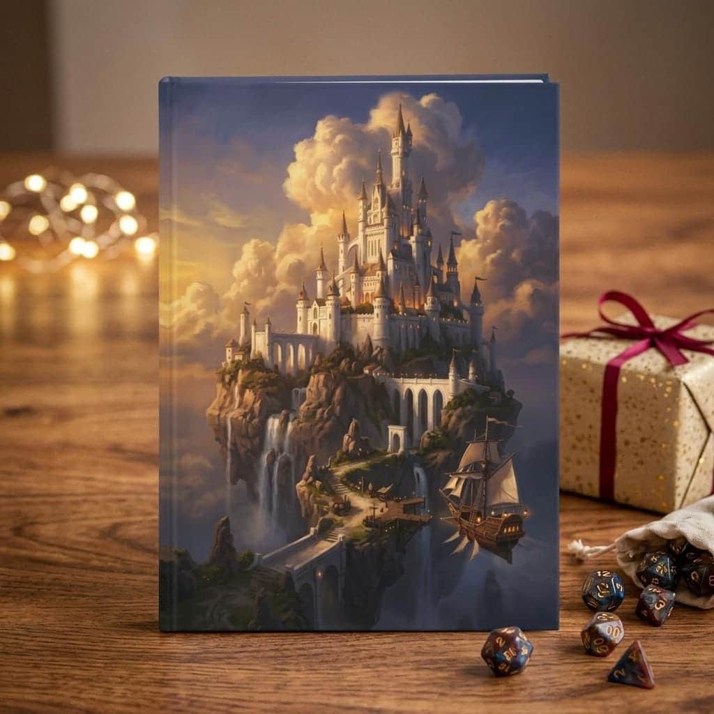 Photo 5 of 11: Hardcover fantasy campaign journal wrapped in an epic floating sky-citadel painting, shown as a gift
