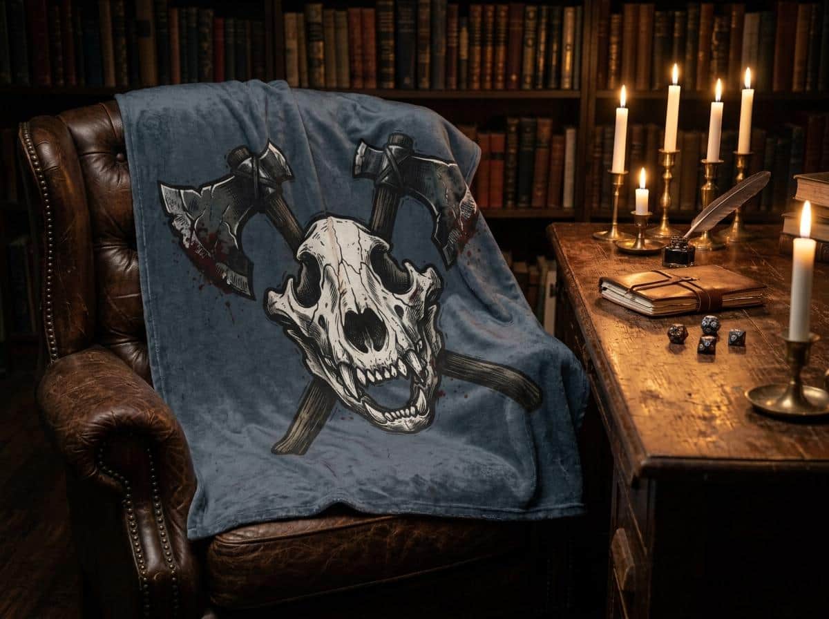 Photo 2 of 4: Ultra-soft plush throw blanket styled as an ancient battle-worn barbarian war crest, keeping tabletop roleplayers warm and immersed through long winter campaign marathons, shown draped over a study armchair