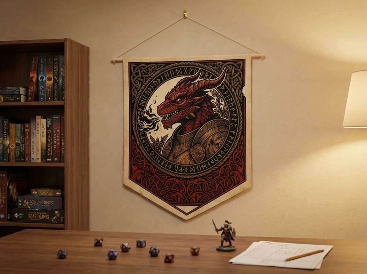 Photo 6 of 11: Vintage heraldic dragonborn warrior pennant flag designed to elevate RPG campaign corners and gaming battle stations with authentic medieval heraldry, shown on a game room wall