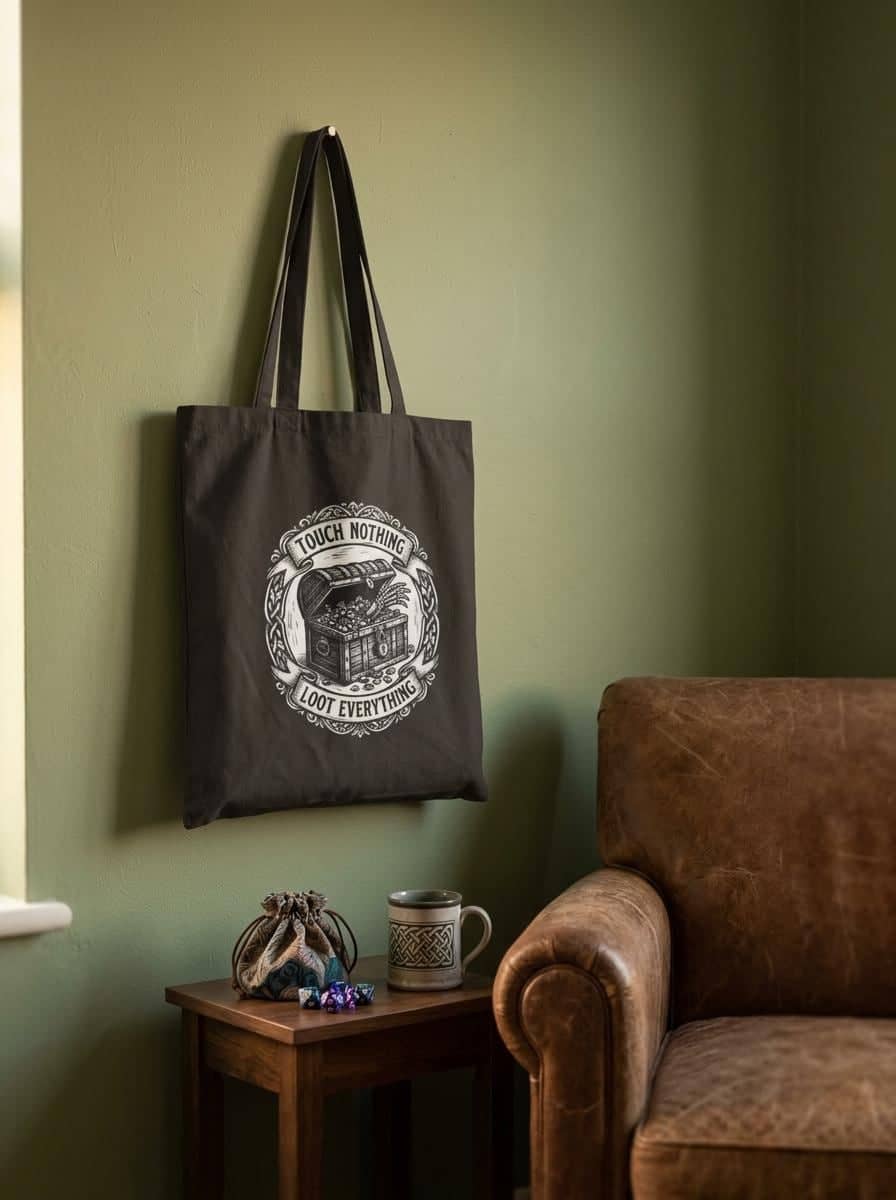 Sturdy canvas tote bag featuring an ironic greed warning for tabletop adventurers hauling heavy rulebooks, dice trays, and campaign binders to game night, shown in a cosy den corner