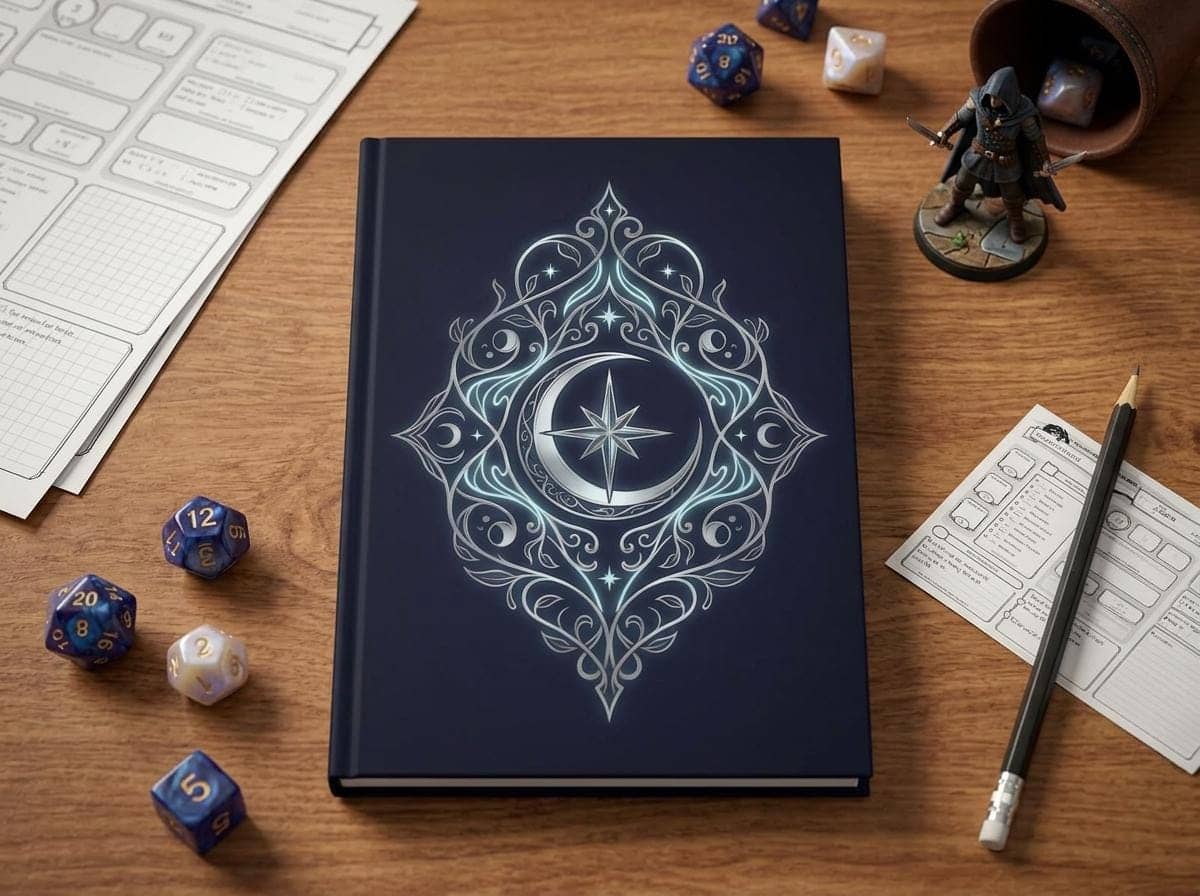 Hardcover campaign notebook designed as an in-world ancient elven tome cover, shown on the game table among dice and character sheets