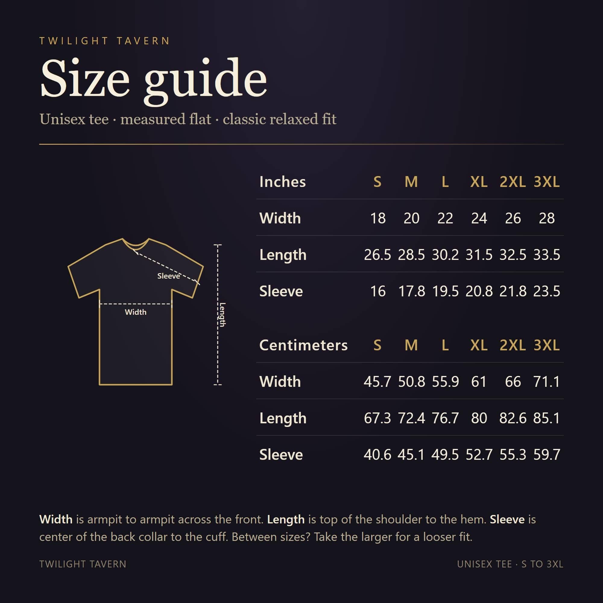 A bold vintage heraldic tournament crest celebrating the holy warrior archetype, printed on a t-shirt, size guide with width, length and sleeve measurements for S to 3XL in inches and centimetres, shown on a size chart