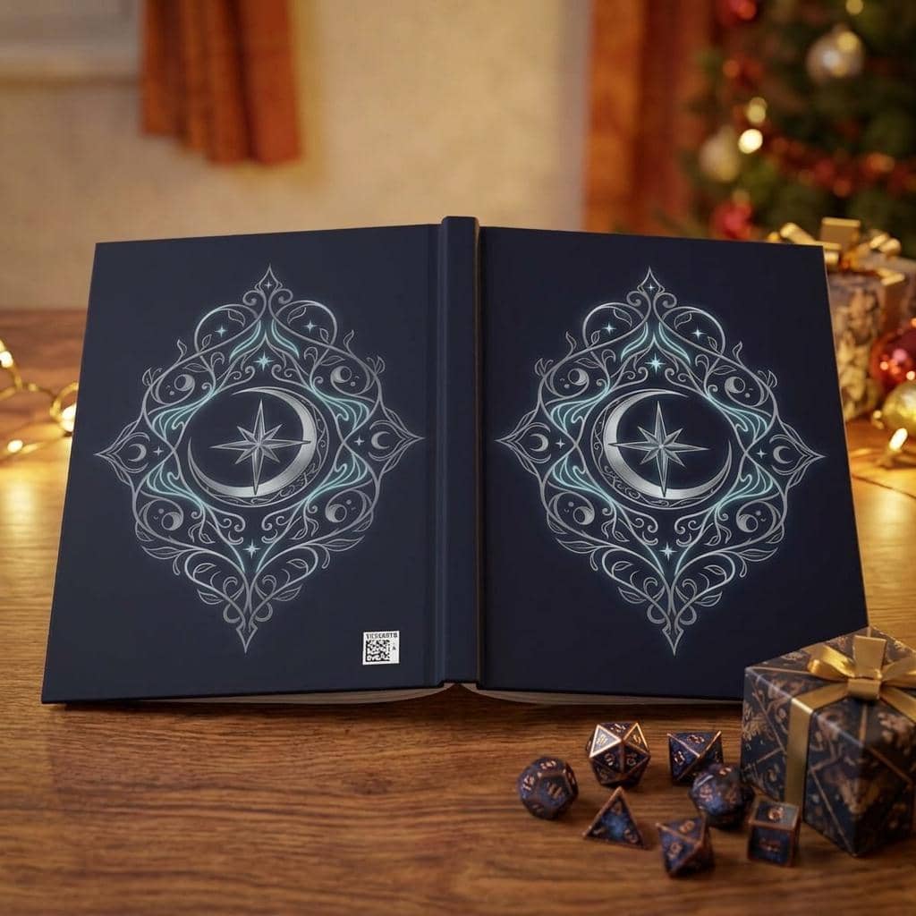 Hardcover campaign notebook designed as an in-world ancient elven tome cover, shown as a gift