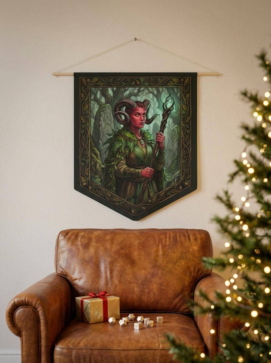 Transform your gaming nook or campaign room into an ancient sanctuary with an atmospheric female Tiefling Druid communion scene printed crisp on a durable fabric wall pennant, shown as a gift