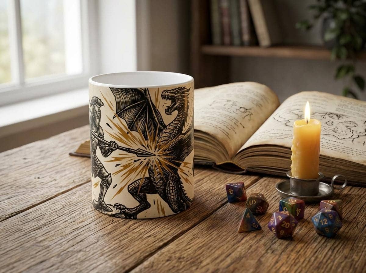 A dramatic campaign-climax coffee cup capturing the triumphant monster-slaying strike every DM and player lives for, shown on a desk beside an open rulebook