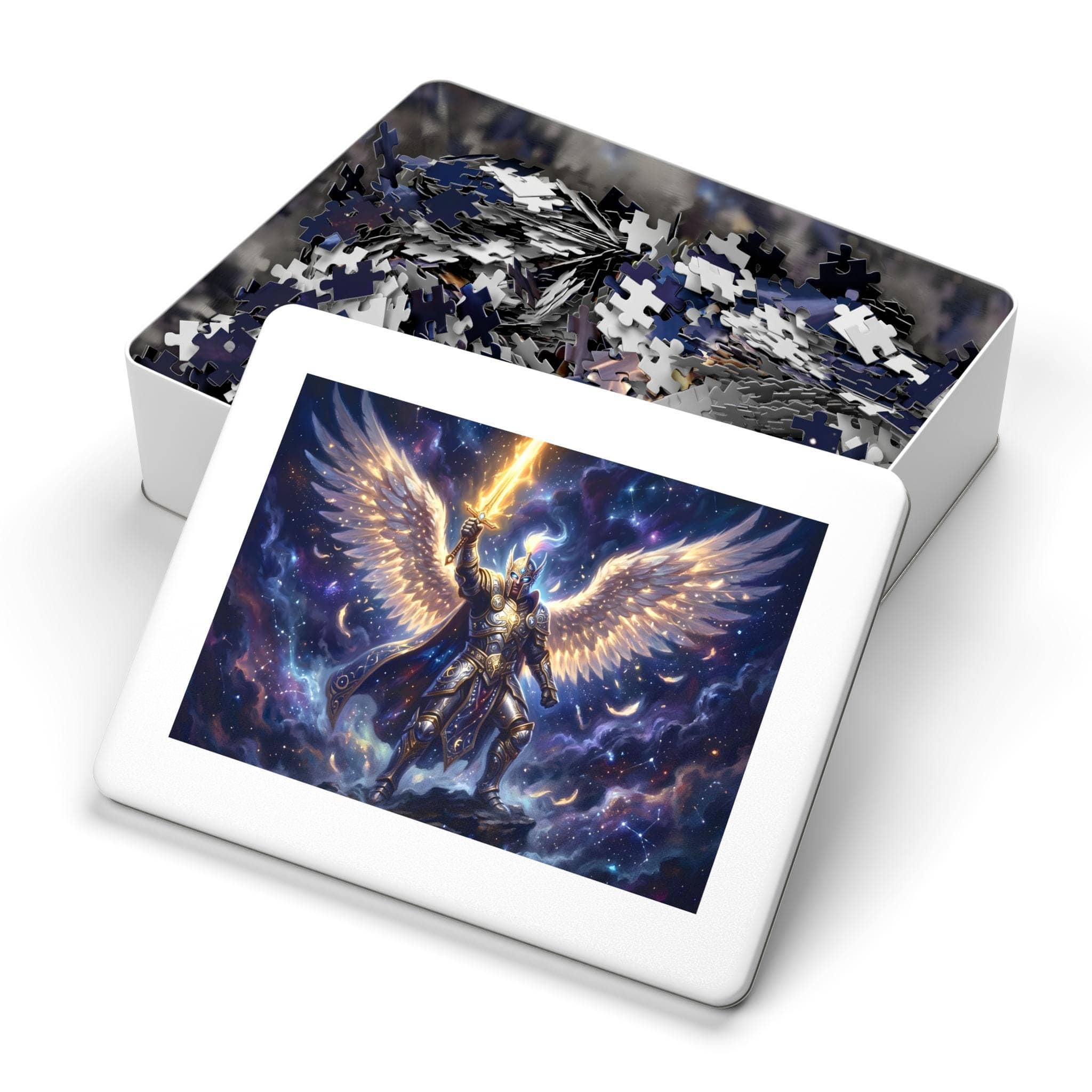 A luminous, high-contrast fantasy jigsaw puzzle featuring a radiant celestial warrior