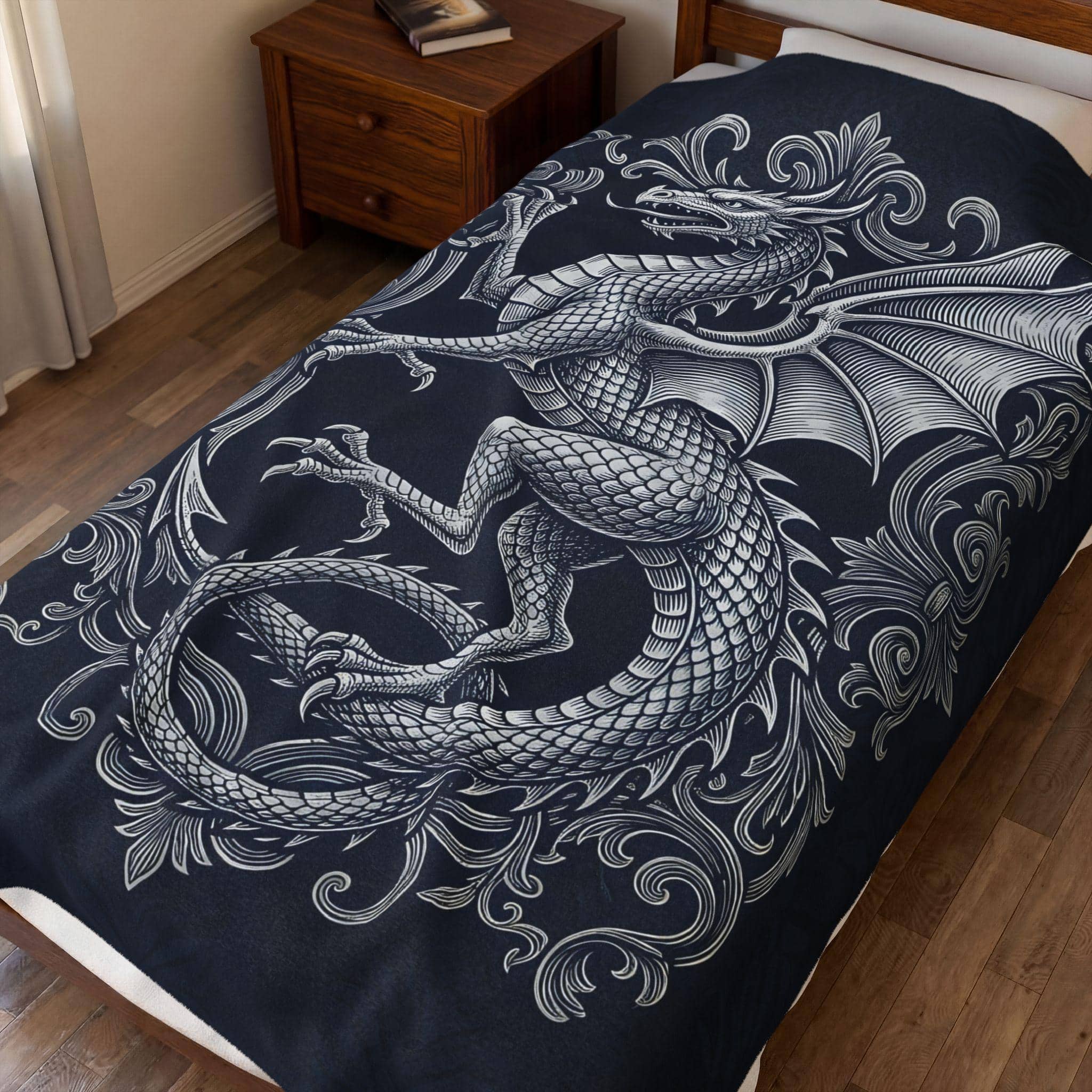 Transform your reading nook or tabletop session with a plush velveteen throw designed as an authentic medieval faction standard, in a room setting