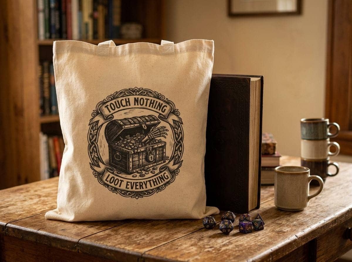 Sturdy canvas tote bag featuring an ironic greed warning for tabletop adventurers hauling heavy rulebooks, dice trays, and campaign binders to game night