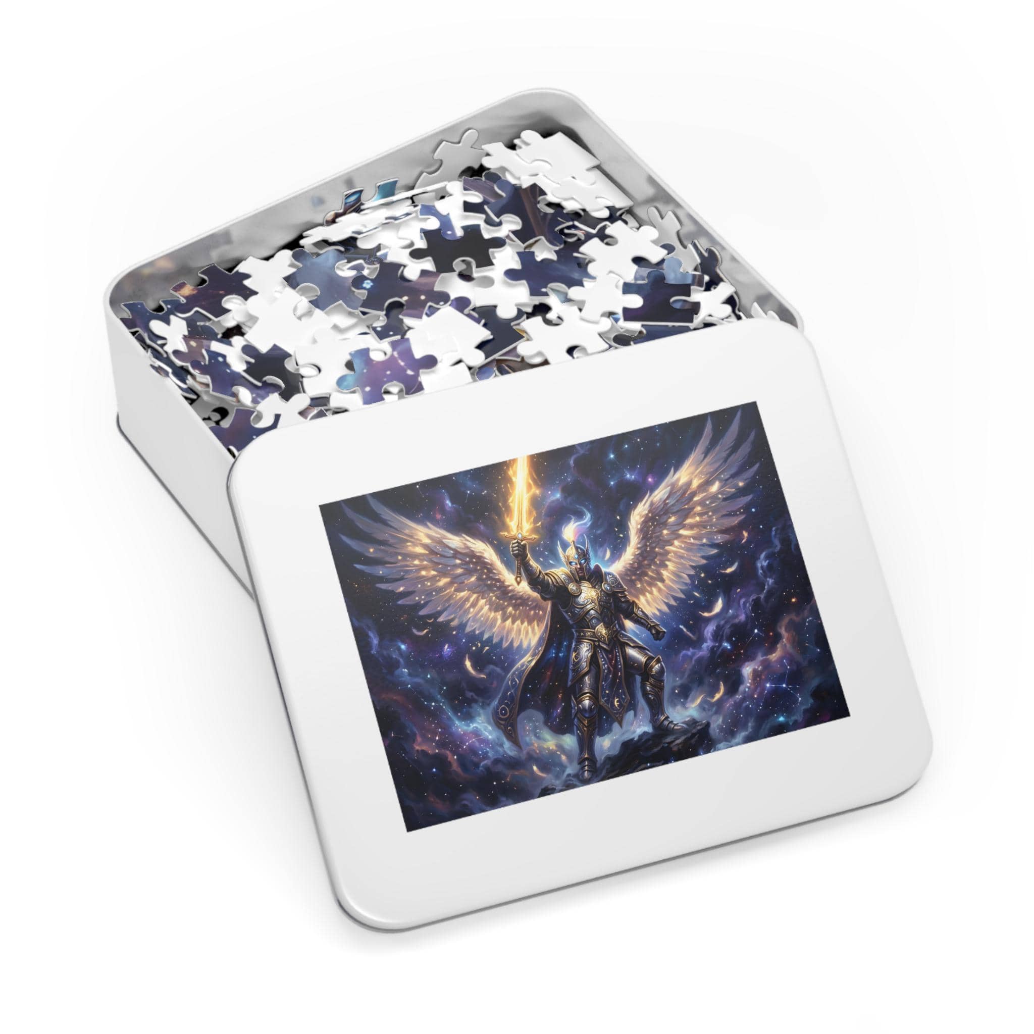 A luminous, high-contrast fantasy jigsaw puzzle featuring a radiant celestial warrior