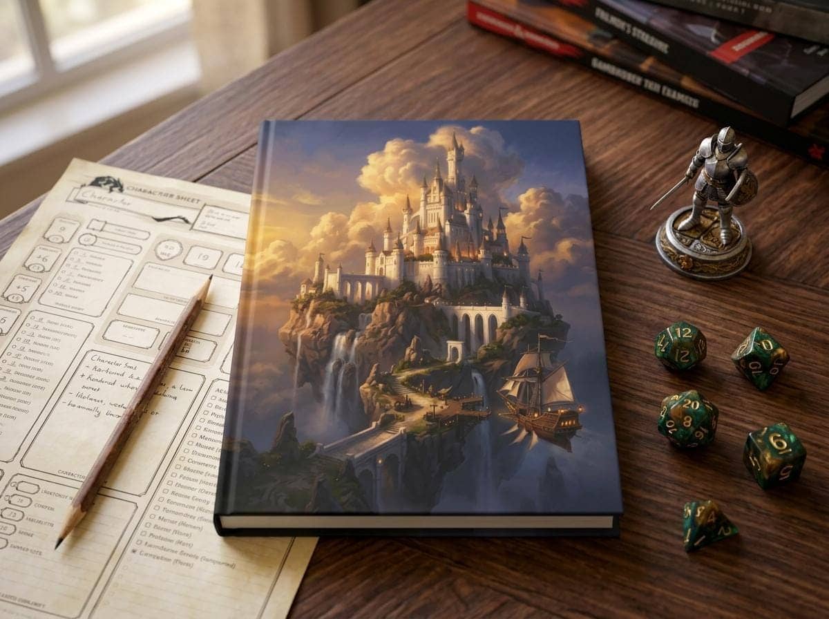 Hardcover fantasy campaign journal wrapped in an epic floating sky-citadel painting, shown on the game table among dice and character sheets