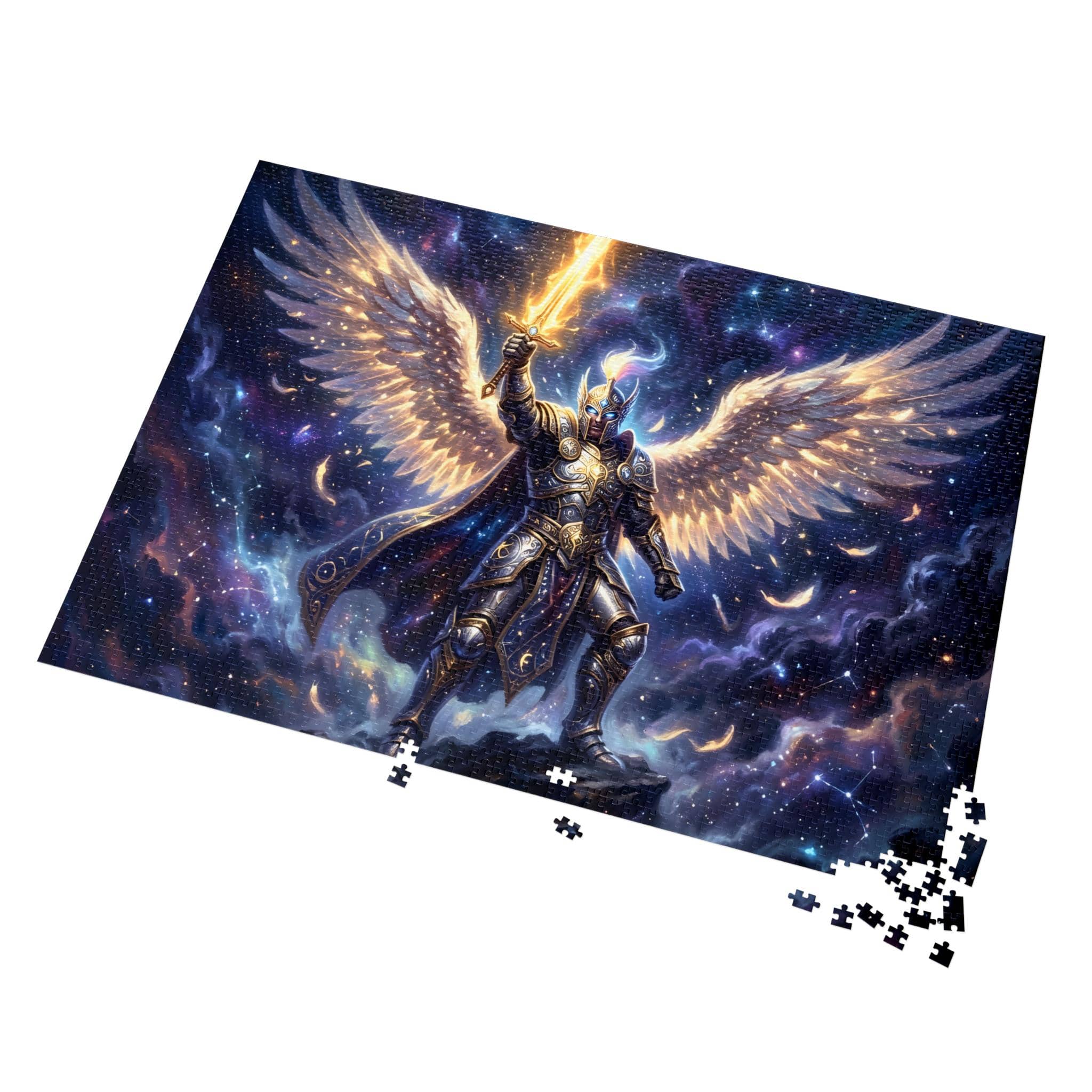 A luminous, high-contrast fantasy jigsaw puzzle featuring a radiant celestial warrior