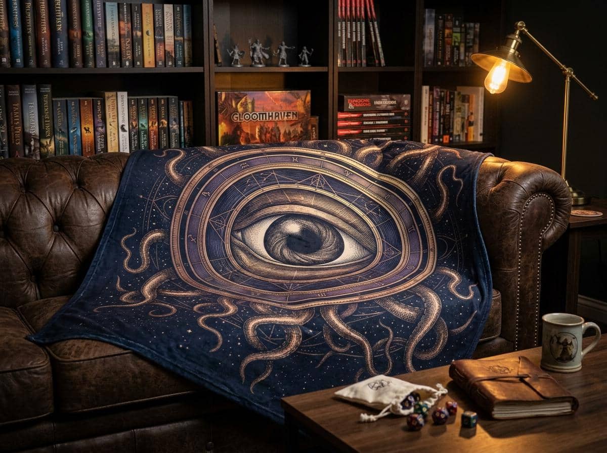 An atmospheric, oversized gaming throw blanket featuring an intricate cosmic horror warlock patron seal that upgrades game rooms and fall campaign nights, shown on a game room couch