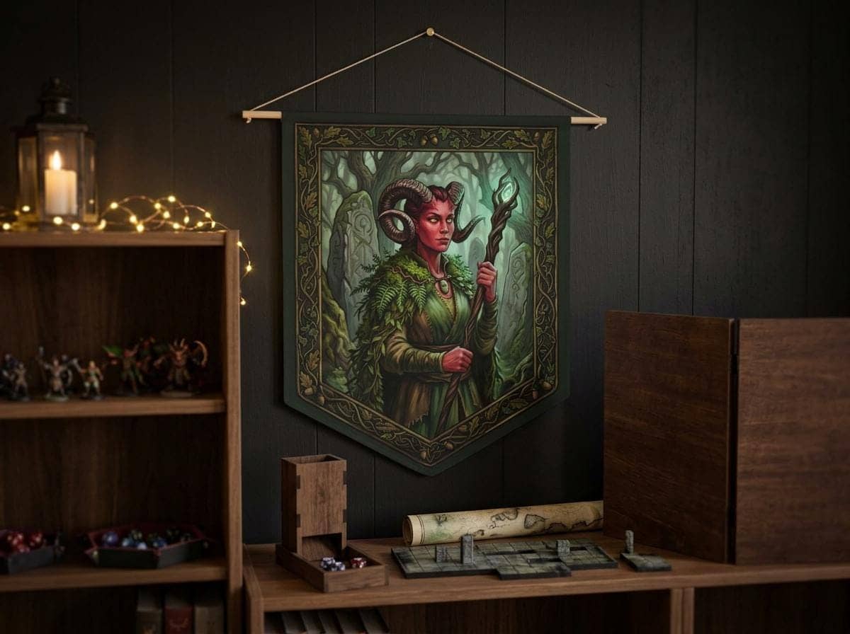 Transform your gaming nook or campaign room into an ancient sanctuary with an atmospheric female Tiefling Druid communion scene printed crisp on a durable fabric wall pennant, shown on the wall above a bookshelf