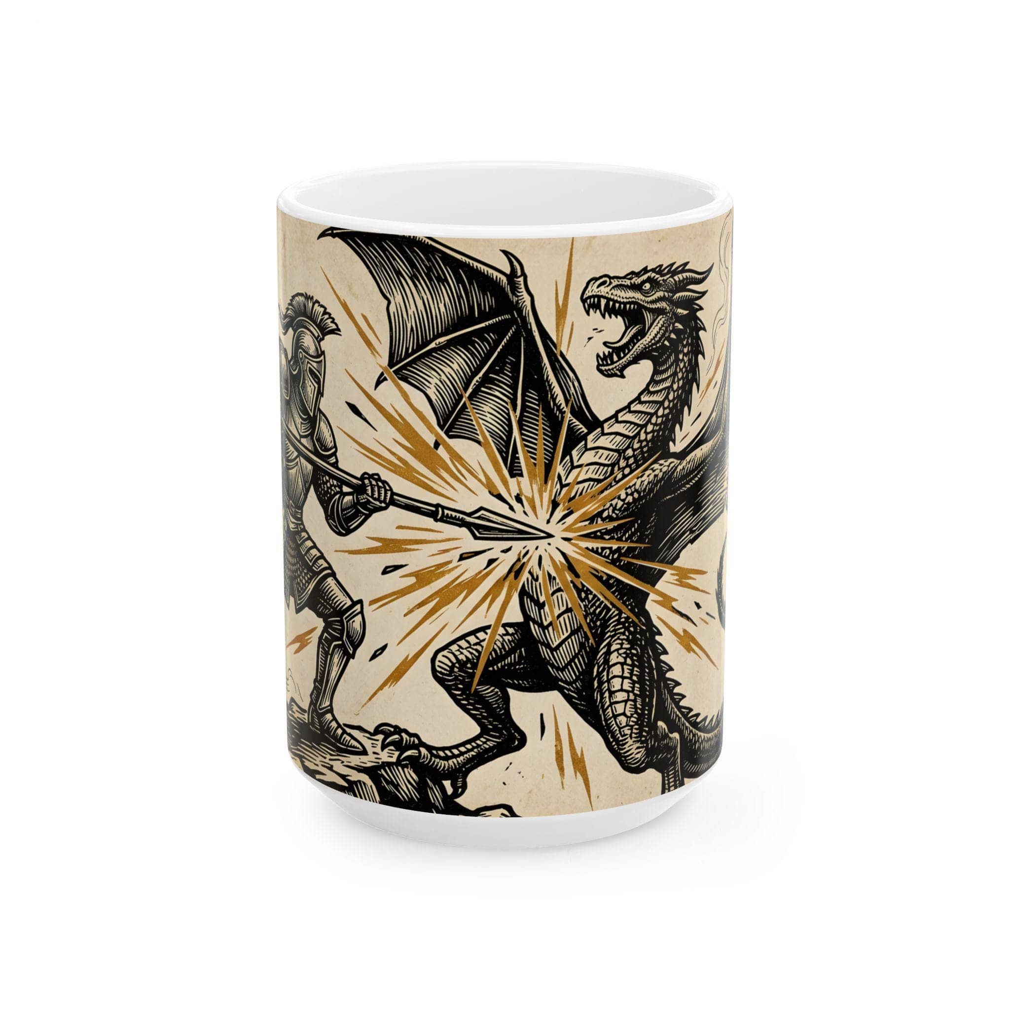 A dramatic campaign-climax coffee cup capturing the triumphant monster-slaying strike every DM and player lives for, front view