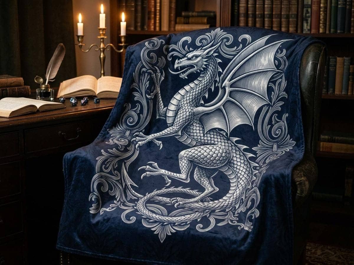 Transform your reading nook or tabletop session with a plush velveteen throw designed as an authentic medieval faction standard, shown draped over a study armchair