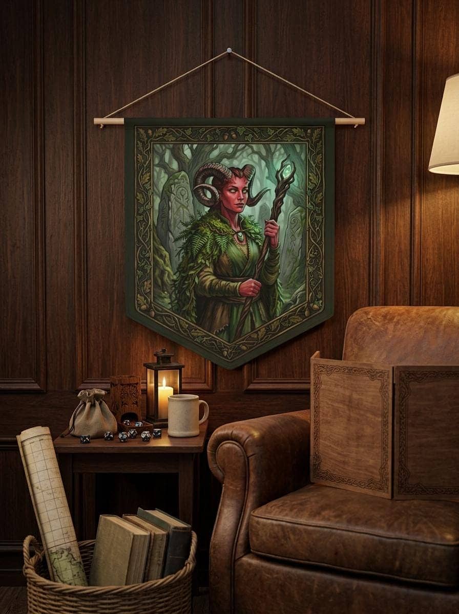 Transform your gaming nook or campaign room into an ancient sanctuary with an atmospheric female Tiefling Druid communion scene printed crisp on a durable fabric wall pennant, shown in a cosy den corner