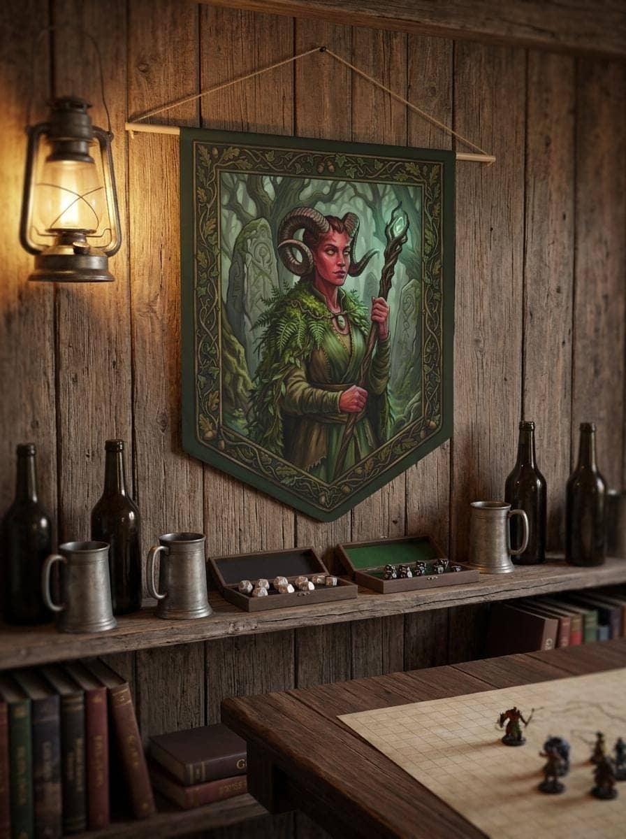 Transform your gaming nook or campaign room into an ancient sanctuary with an atmospheric female Tiefling Druid communion scene printed crisp on a durable fabric wall pennant, shown on a tavern wall