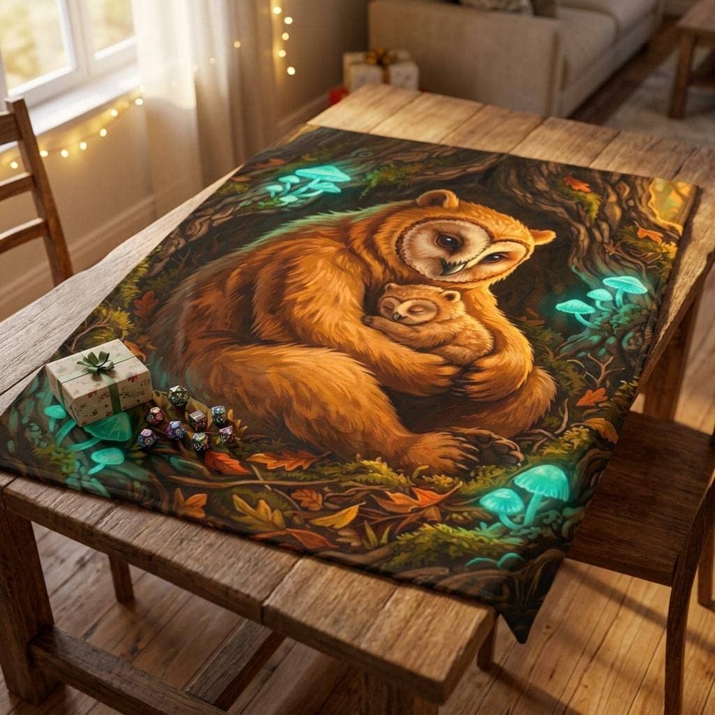 An ultra-soft velveteen reading blanket portraying a protective mother owlbear curled around her cub in a glowing forest hollow, shown as a gift