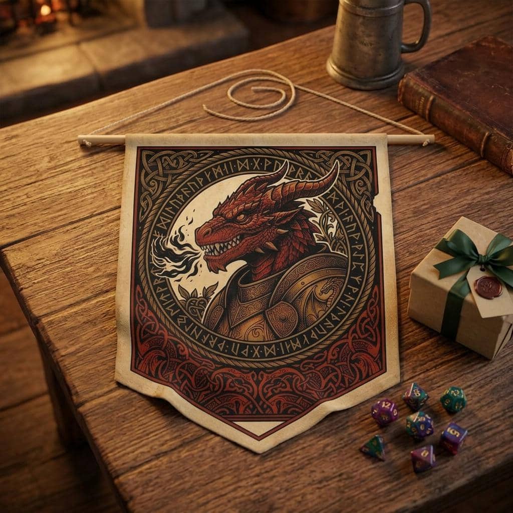 Vintage heraldic dragonborn warrior pennant flag designed to elevate RPG campaign corners and gaming battle stations with authentic medieval heraldry, shown as a gift