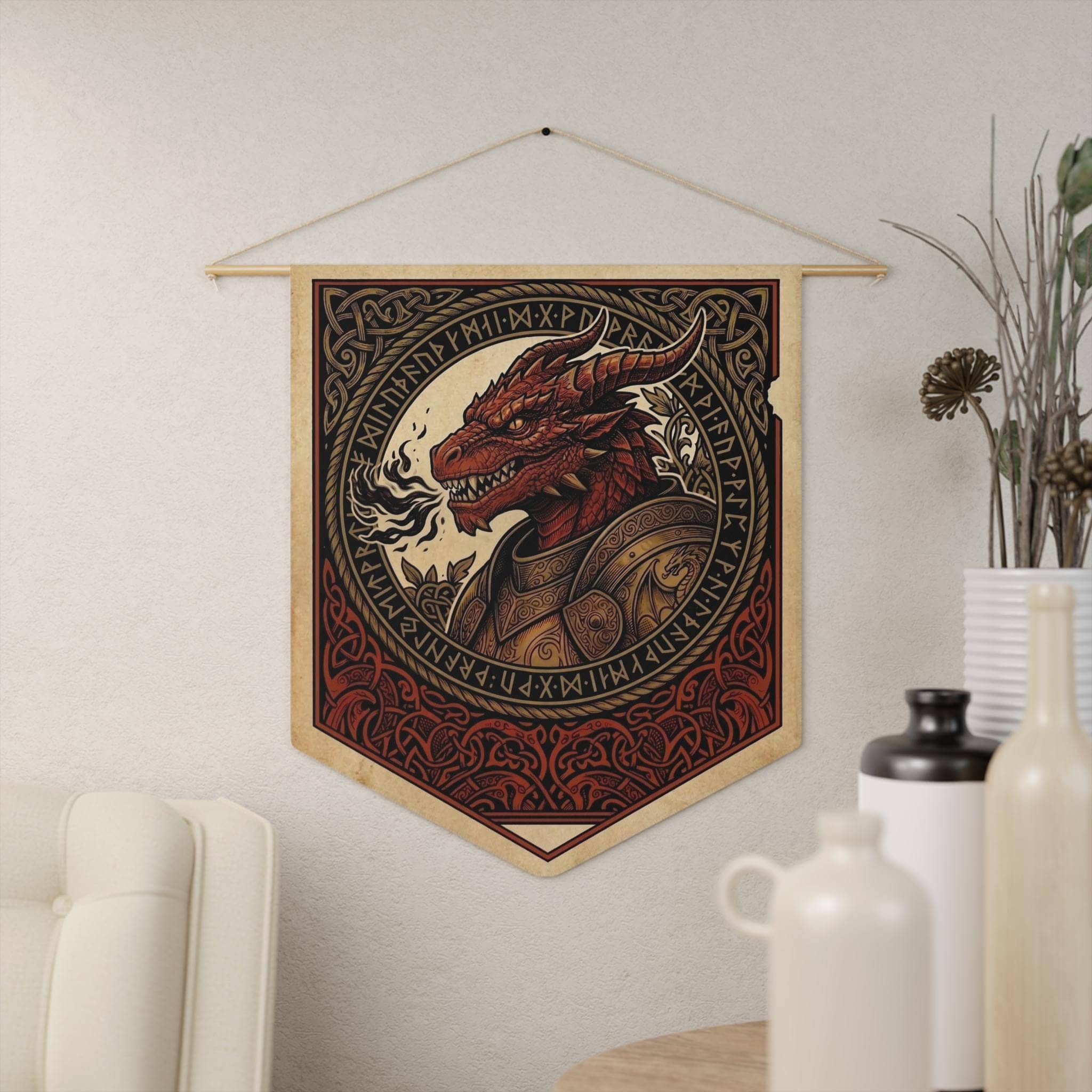 Vintage heraldic dragonborn warrior pennant flag designed to elevate RPG campaign corners and gaming battle stations with authentic medieval heraldry, in a room setting