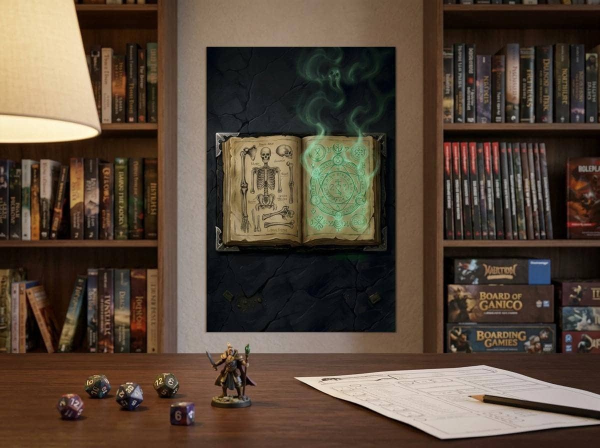 An eerie, high-impact dark fantasy art print that turns a gaming room or desk nook into an arcane sanctuary, shown on a game room wall
