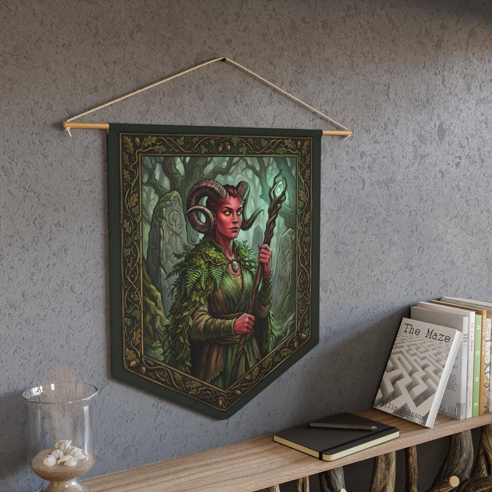 Transform your gaming nook or campaign room into an ancient sanctuary with an atmospheric female Tiefling Druid communion scene printed crisp on a durable fabric wall pennant, in a room setting