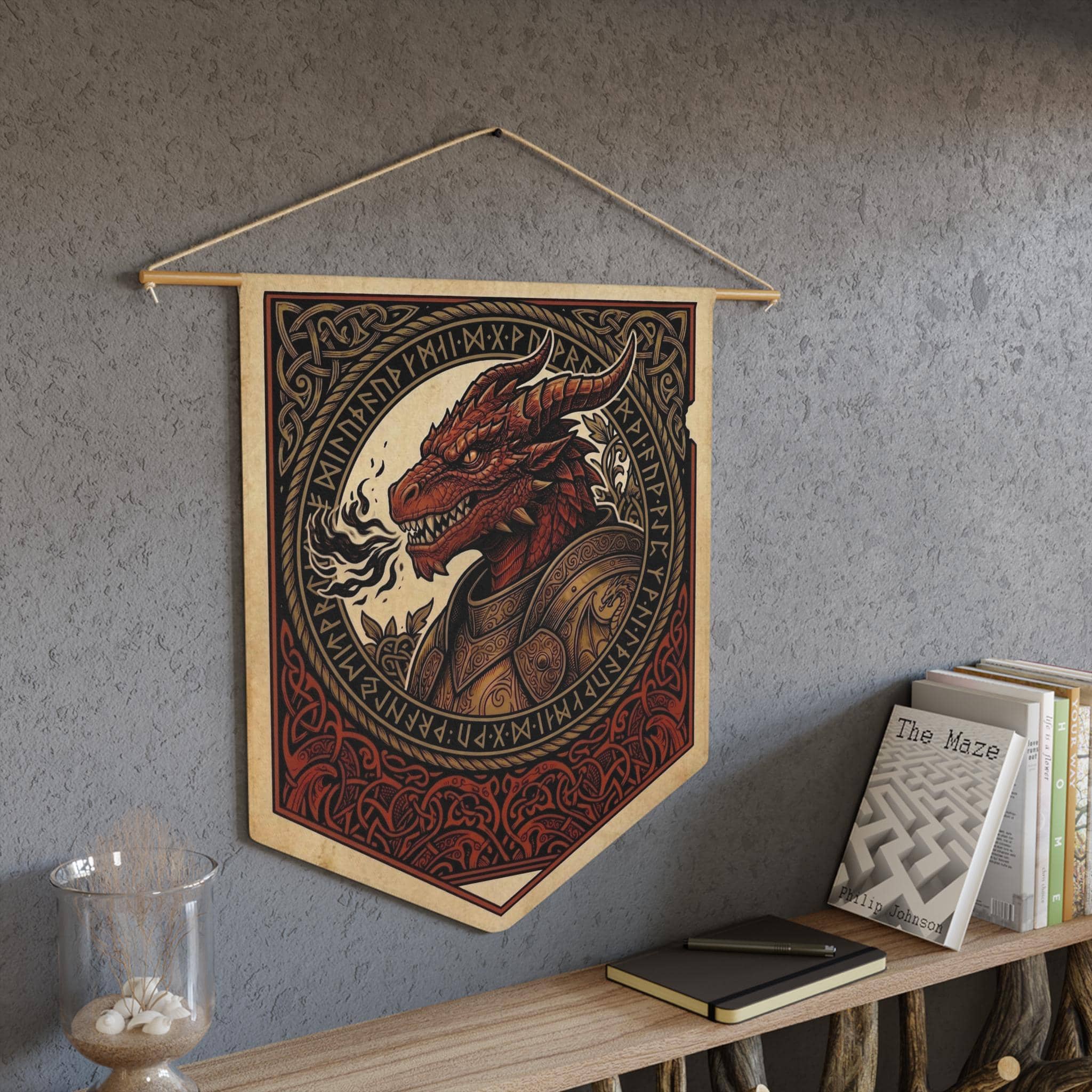 Vintage heraldic dragonborn warrior pennant flag designed to elevate RPG campaign corners and gaming battle stations with authentic medieval heraldry, in a room setting
