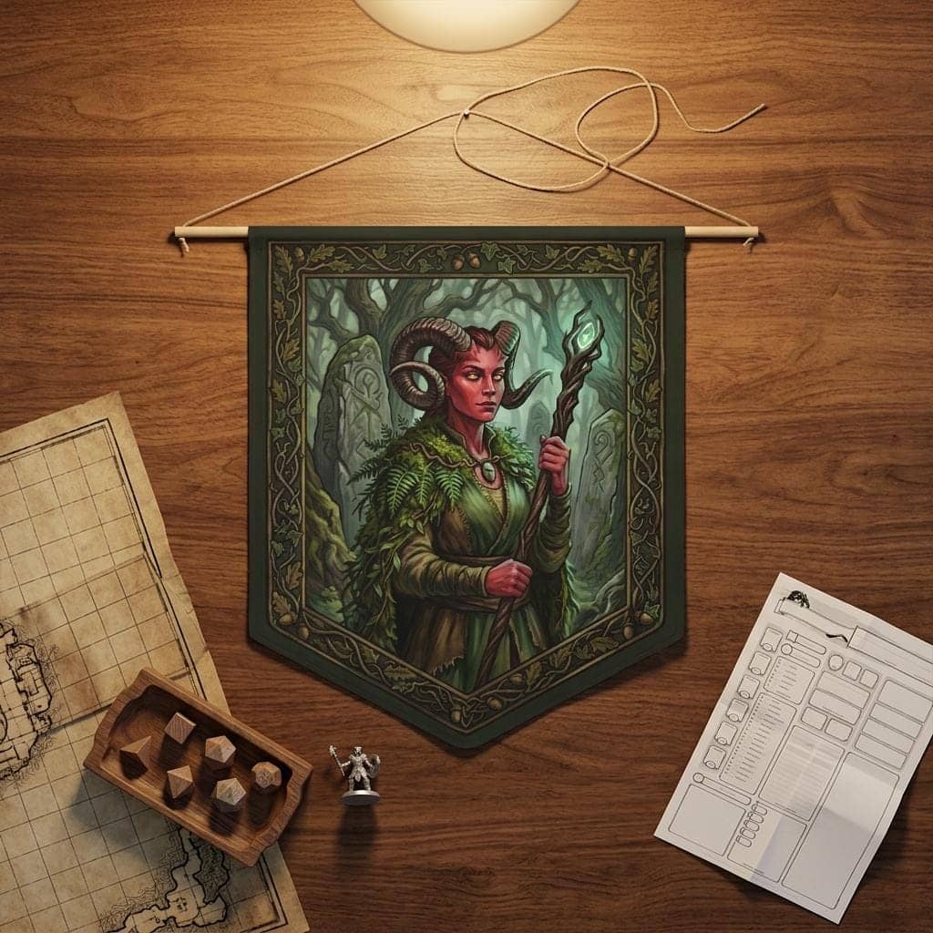 Transform your gaming nook or campaign room into an ancient sanctuary with an atmospheric female Tiefling Druid communion scene printed crisp on a durable fabric wall pennant, shown on the game table among dice and character sheets