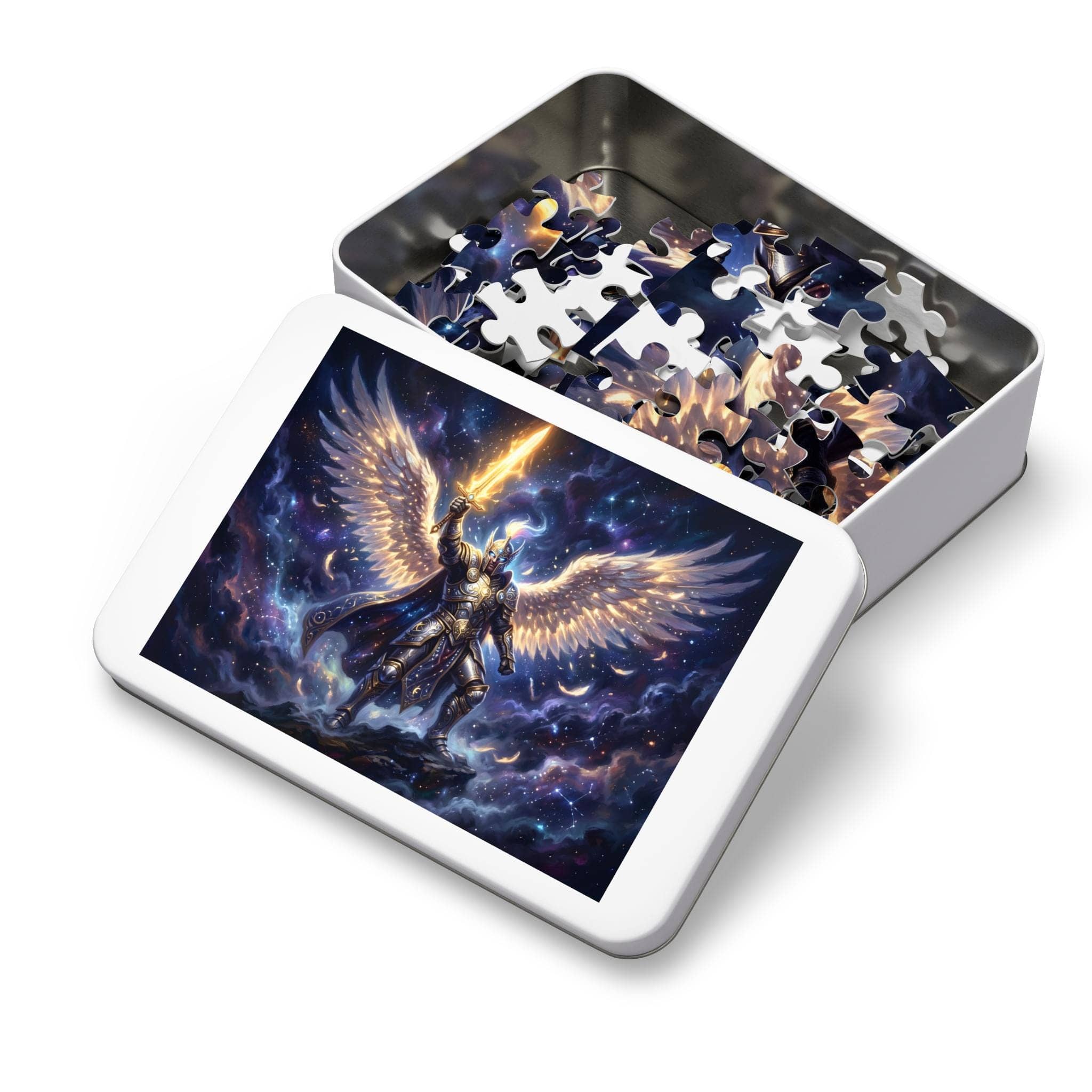 A luminous, high-contrast fantasy jigsaw puzzle featuring a radiant celestial warrior